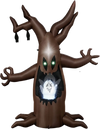 Halloween inflatable tree with animated popping ghost, LED-lit design, and twisted branches for outdoor spooky decor.