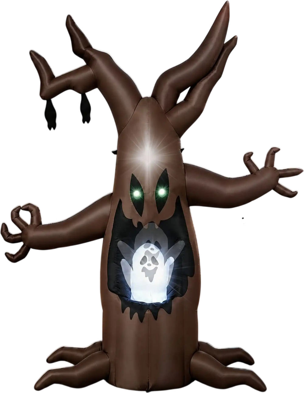 Halloween inflatable tree with animated popping ghost, LED-lit design, and twisted branches for outdoor spooky decor.