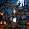 Halloween inflatable tree with animated popping ghost, LED-lit eyes, and twisted branches for outdoor spooky decor.