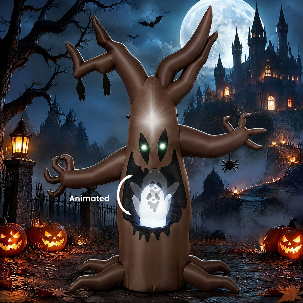 Halloween inflatable tree with animated popping ghost, LED-lit eyes, and twisted branches for outdoor spooky decor.