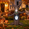 Halloween inflatable tree with animated popping ghost, LED-lit design, and twisted branches for outdoor decoration.