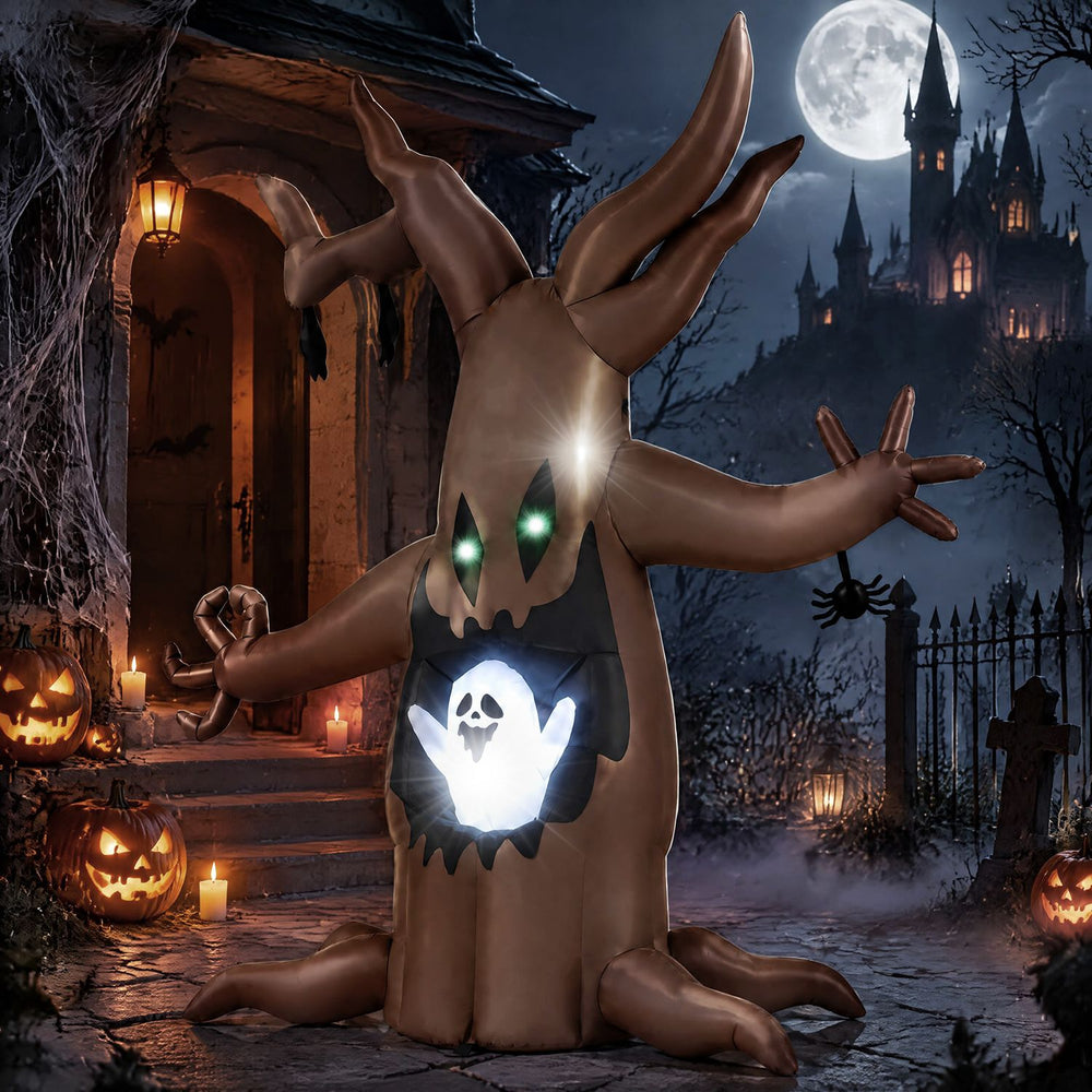Halloween inflatable tree with animated popping ghost, 8 ft tall, LED-lit for dramatic outdoor displays.