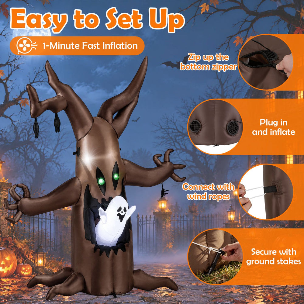 8 FT Halloween inflatable tree features an animated ghost, LED lights, and is designed for outdoor stability and easy setup.