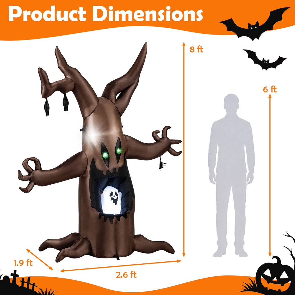 8 FT Halloween inflatable tree features animated popping ghost, LED-lit eyes, and twisted branches for outdoor displays.