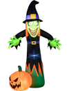 Tall 8 FT Halloween inflatable witch with pumpkin, built-in LED lights, perfect for yard decoration during the holiday.