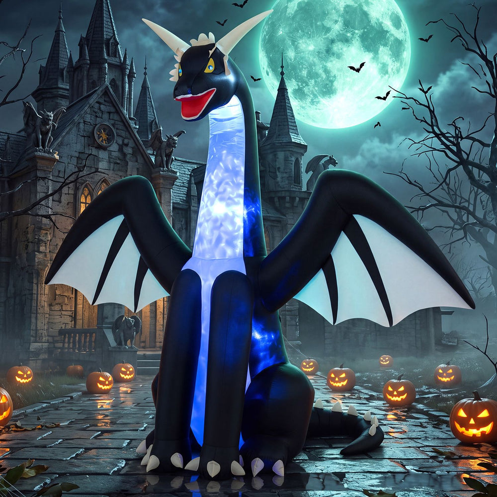 Large 8 FT Halloween inflatable ice dragon decoration with LED lights, perfect for outdoor gardens and lawns.