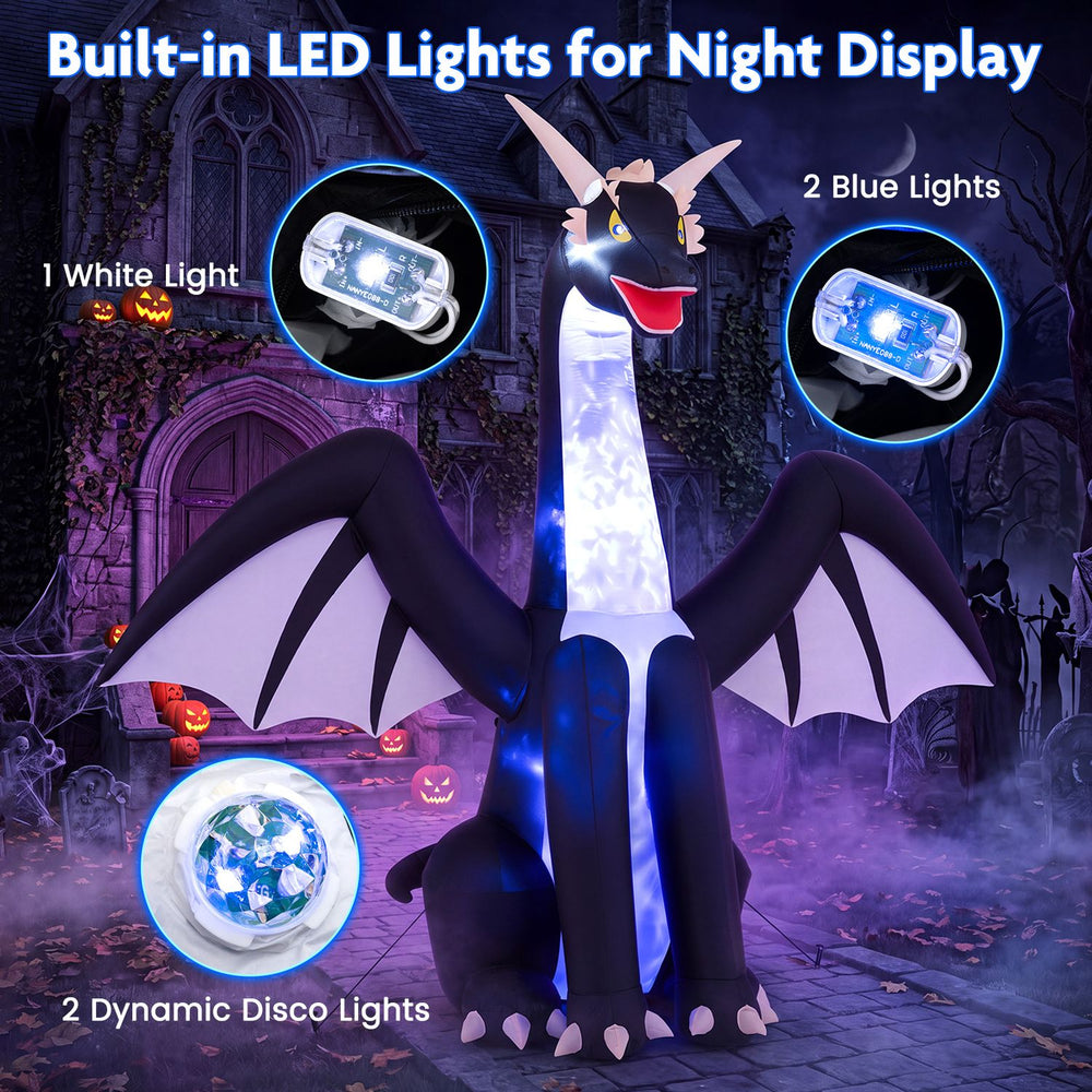Large 8 FT Halloween inflatable ice dragon decoration with 5 LED lights and dynamic disco effects for outdoor use.