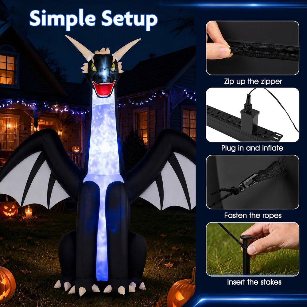 Large 8 ft tall Halloween inflatable ice dragon decoration with LED lights and waterproof fabric for outdoor use.