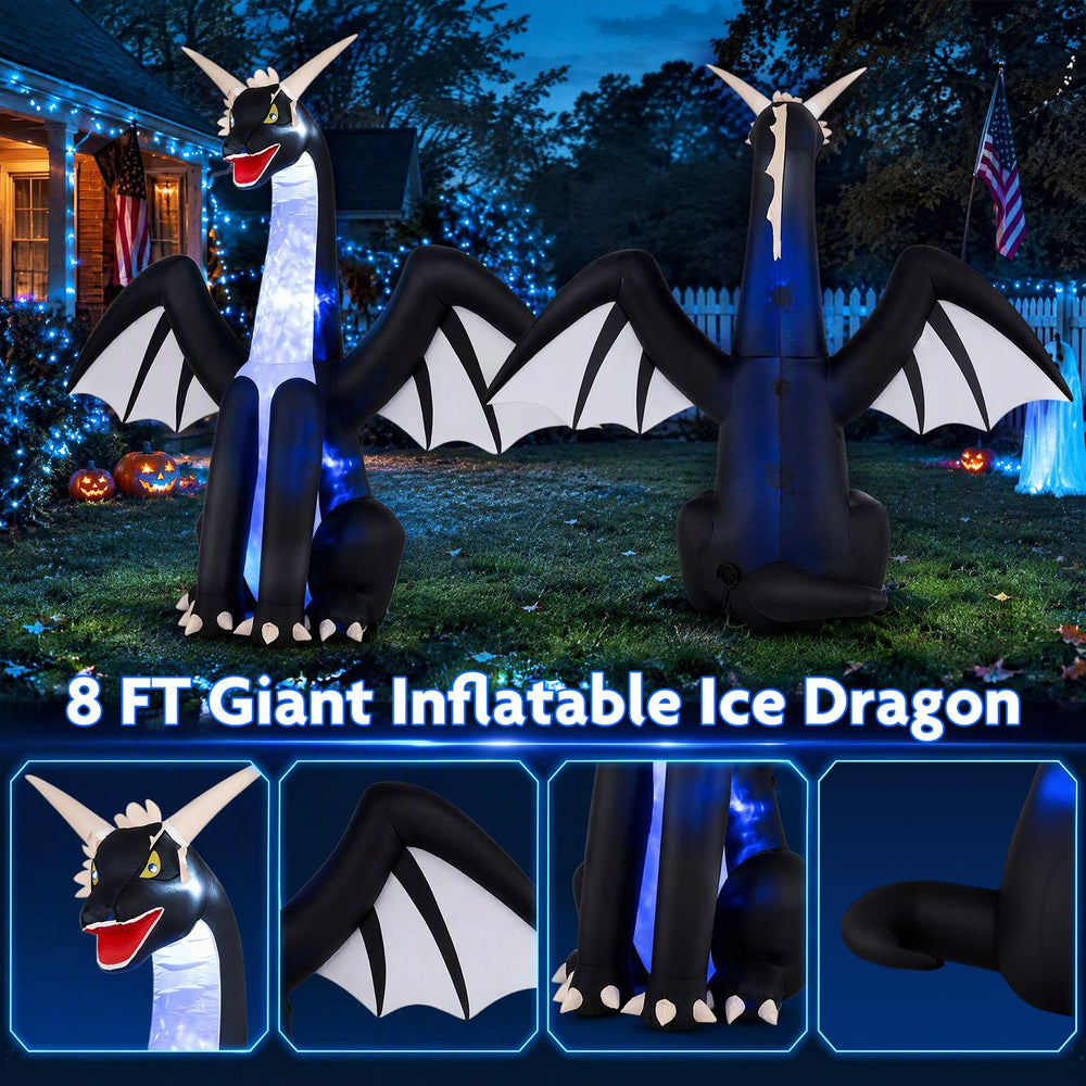8 FT tall inflatable ice dragon decoration with LED lights, perfect for Halloween outdoor displays in gardens or yards.
