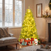 Pre-lit artificial Christmas tree with LED lights, surrounded by presents, creating a cozy holiday atmosphere.