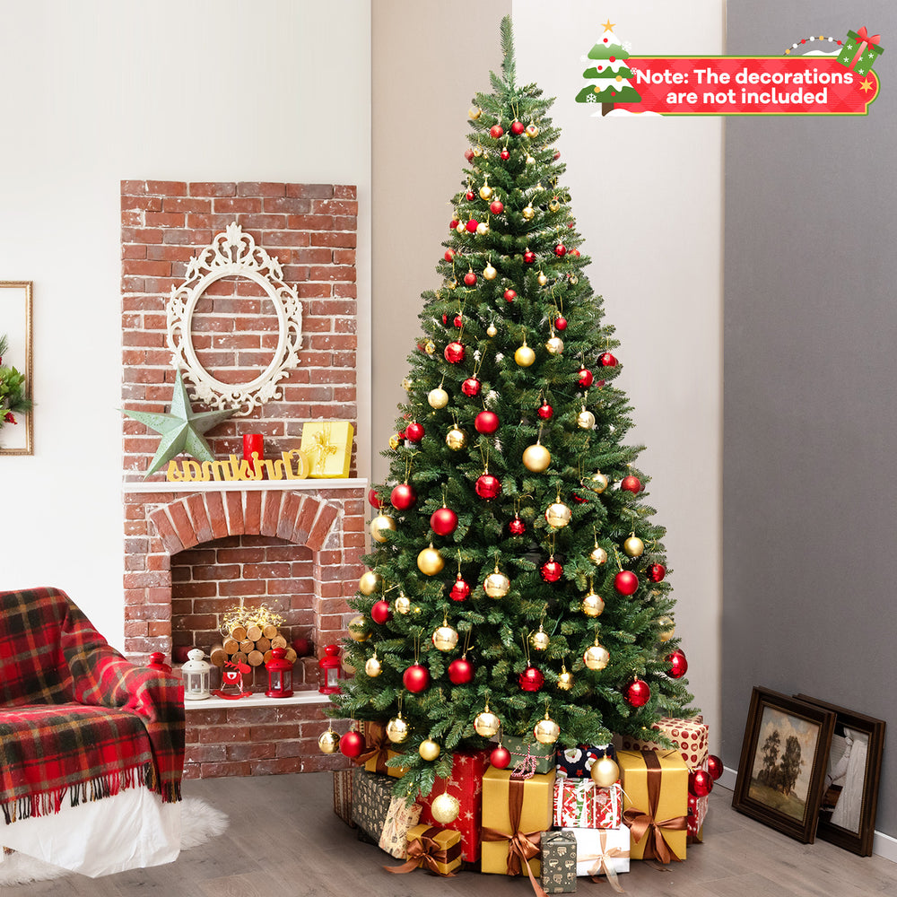 8 FT corner artificial Christmas tree showcasing its full shape with warm white LED lights, perfect for festive home.