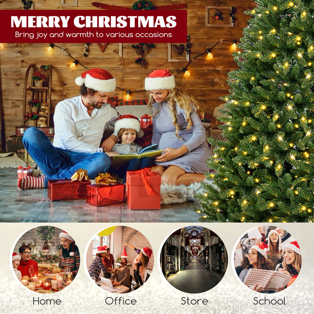8 FT corner artificial Christmas tree with 1137 branch tips and 360 warm white LED lights, perfect for festive settings.