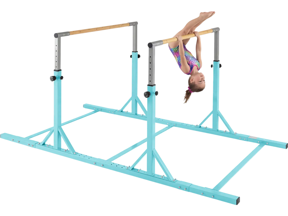Double horizontal bars in green, 8 ft long, with adjustable heights for gymnastics training and practice.