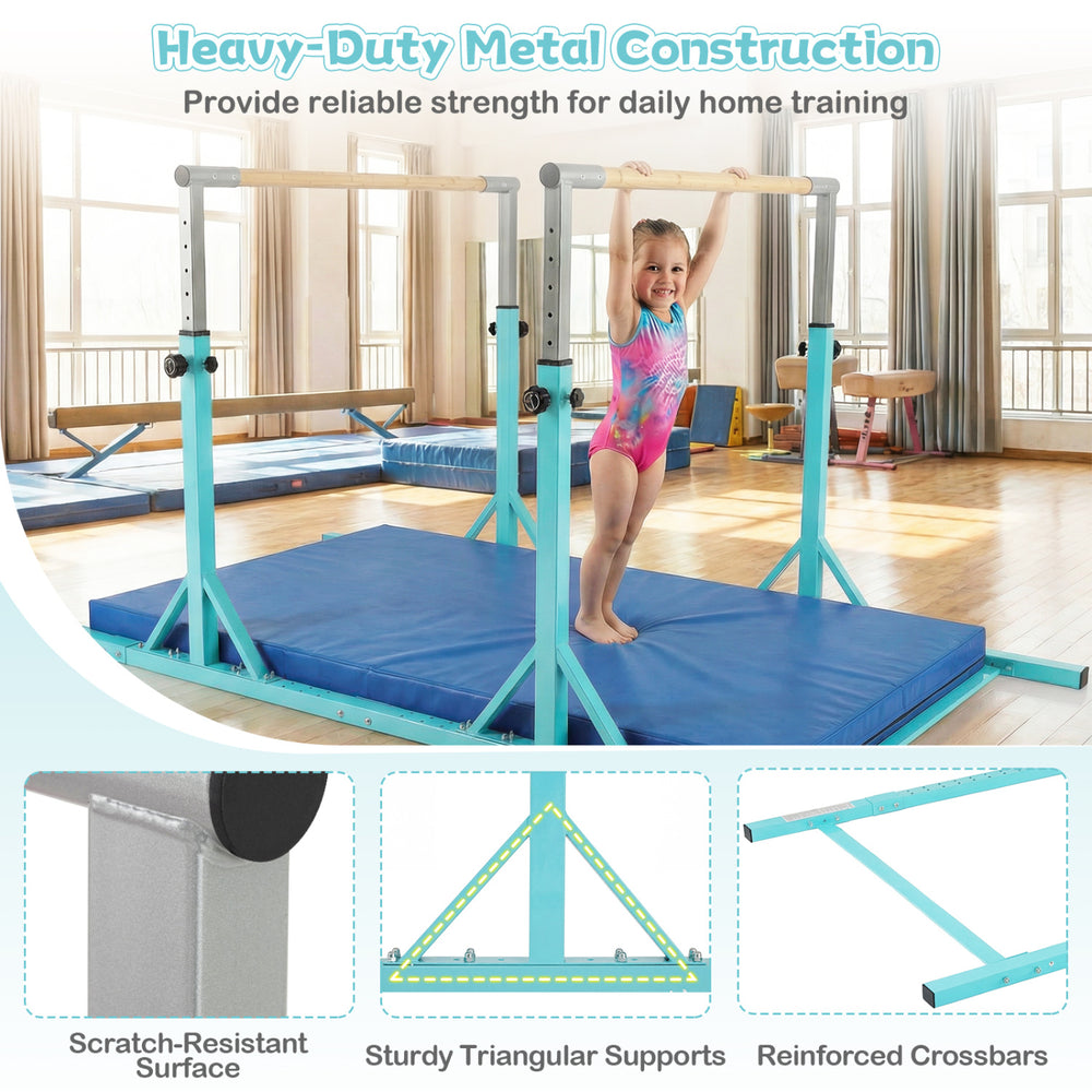 8 FT double horizontal bars in green, featuring heavy-duty metal construction and adjustable heights for home training.