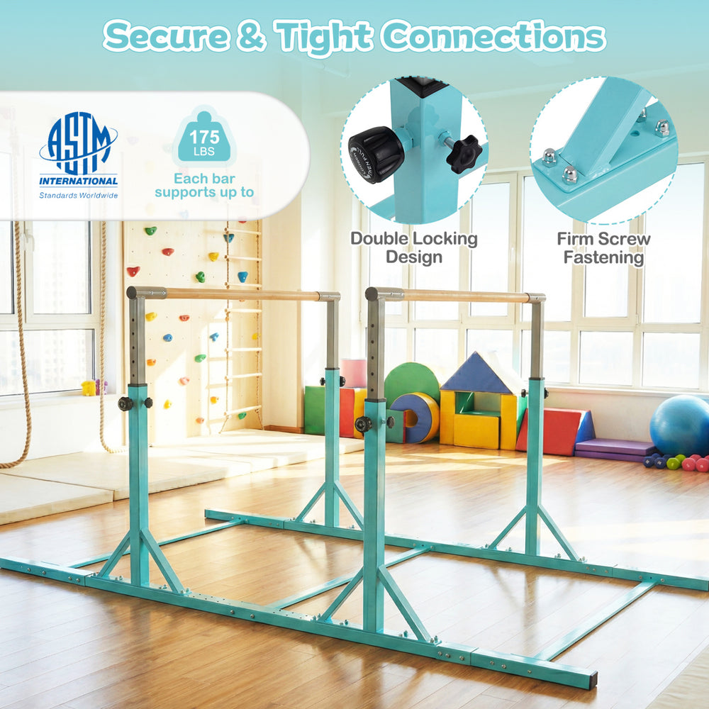 8 FT double horizontal bars in green with adjustable heights and secure connections for gymnastic training.