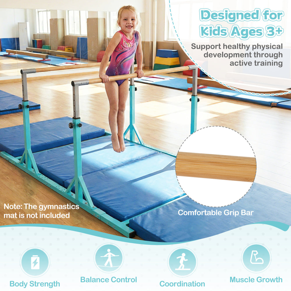 Double horizontal bars in green for kids ages 3+, featuring adjustable heights for balance and coordination training.