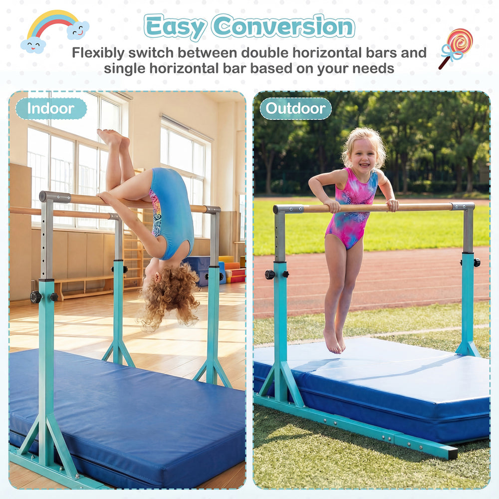 8 FT double horizontal bars in green, adjustable heights for indoor and outdoor gymnastics training.