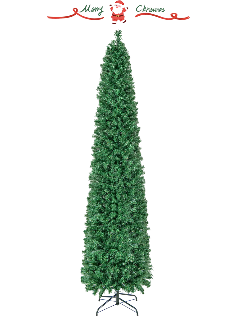 8 ft pre-lit Christmas pencil tree with colorful fiber optics, featuring a slim design for space-saving in any corner.