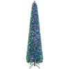 8 ft pre-lit Christmas pencil tree with colorful fiber optics, featuring a space-saving design for home or office use.