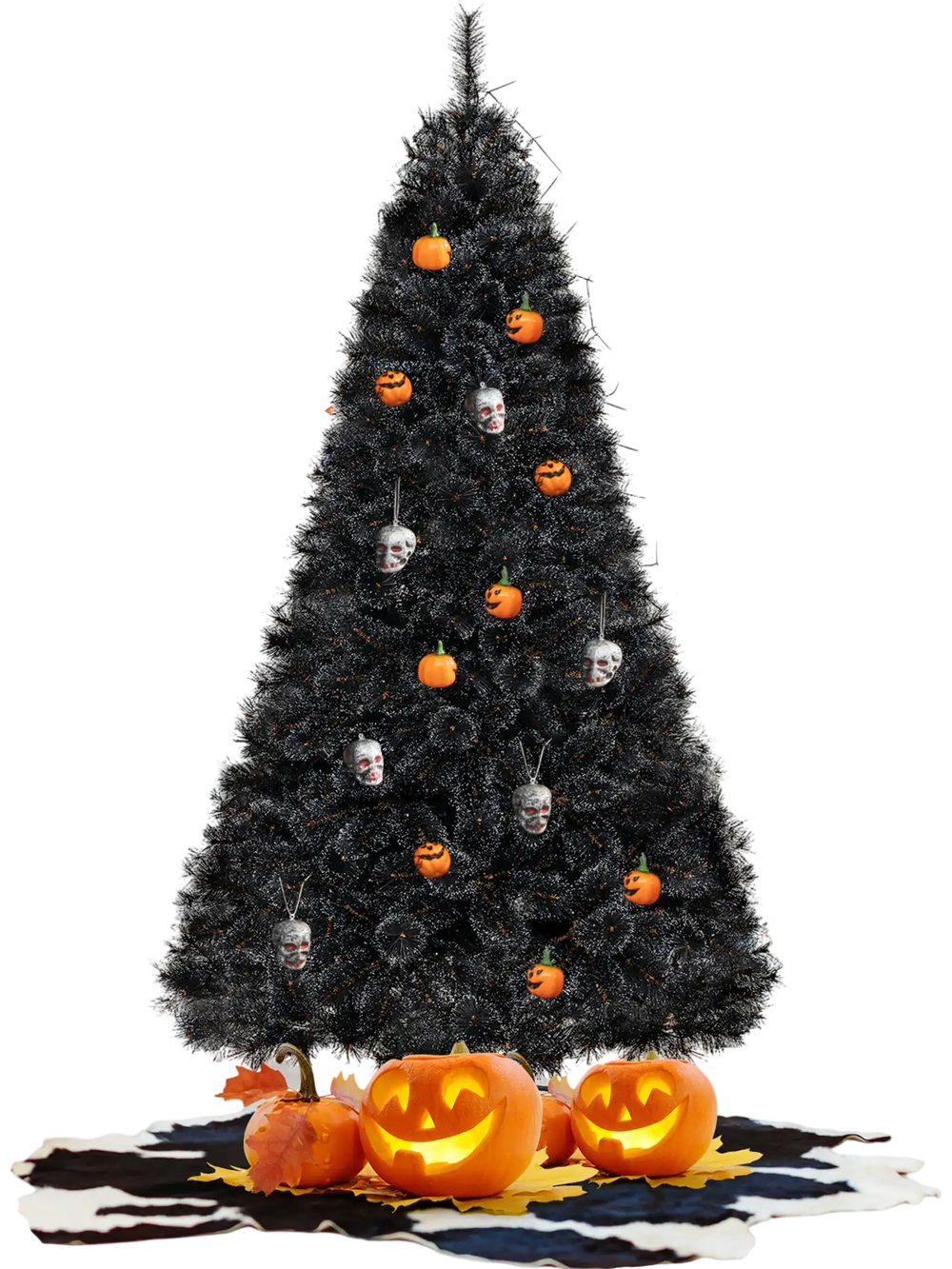 Black artificial Halloween Christmas tree with LED lights, showcasing a spooky design for festive home decor.