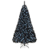 Black artificial Christmas tree with cool white LED lights, featuring PVC branch tips, perfect for Halloween and.