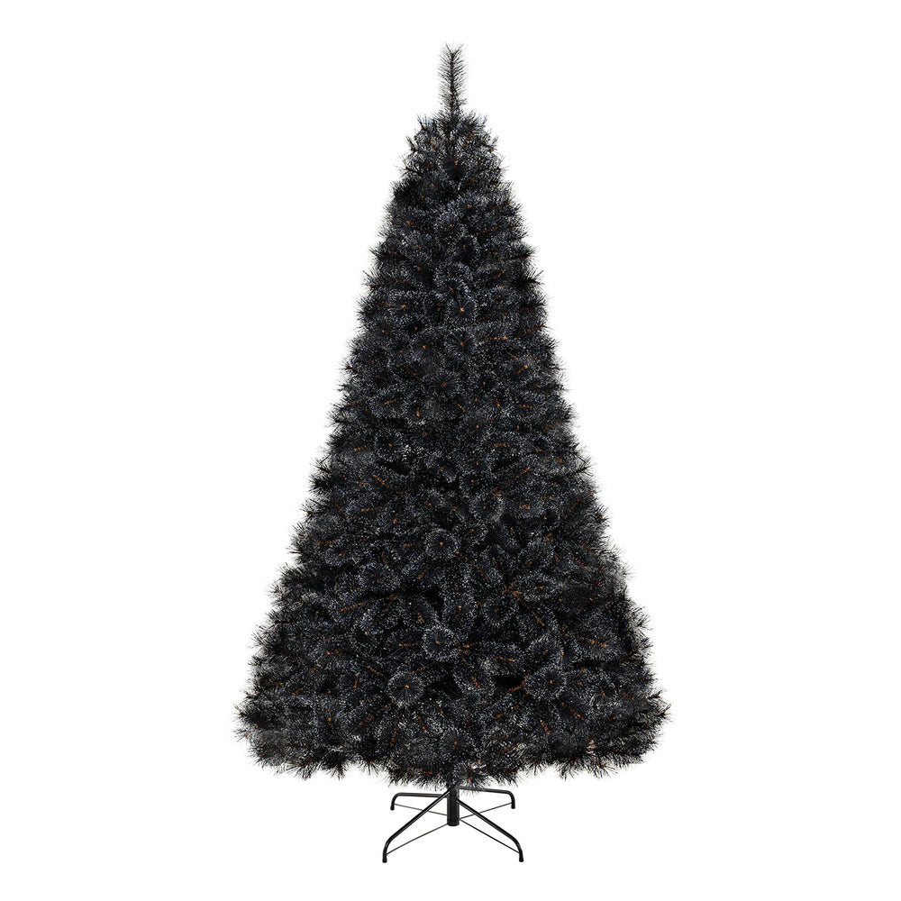Black artificial Halloween Christmas tree with PVC branches and cool white LED lights, featuring a 3-section design for.