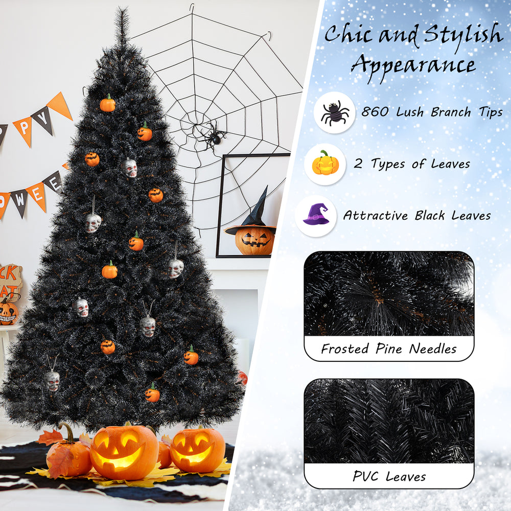 Black artificial Halloween Christmas tree with PVC branch tips, pre-lit with cool white LED lights for festive displays.