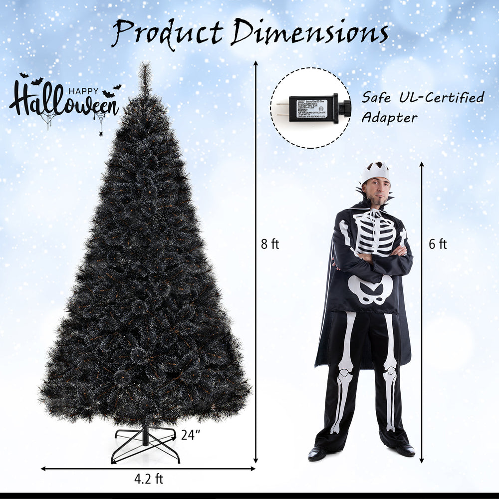 Black artificial Halloween Christmas tree, 8 feet tall with PVC branch tips and cool white LED lights, perfect for.