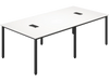 Large 8-foot white conference room table with metal frame, seats up to 10, featuring built-in cable grommets for.