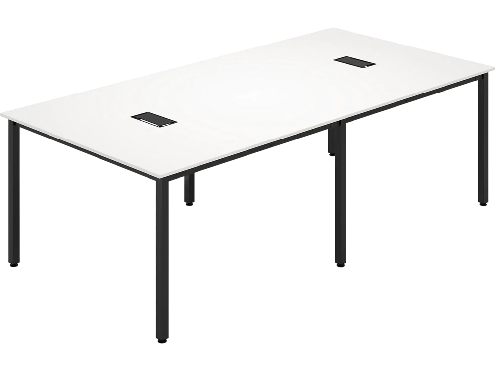 Large 8-foot white conference room table with metal frame, seats up to 10, featuring built-in cable grommets for.