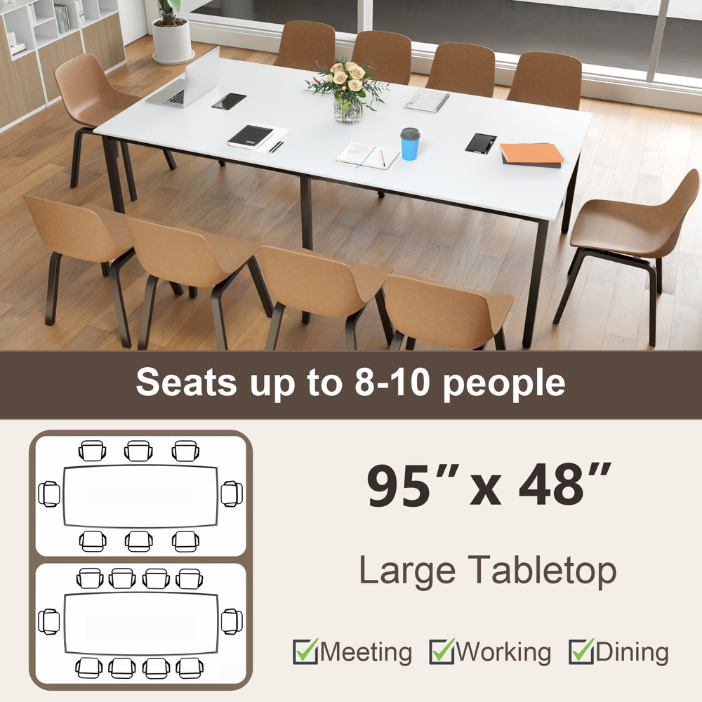 Large 95" x 48" white conference table seating up to 10 people, ideal for meetings, working, or dining.