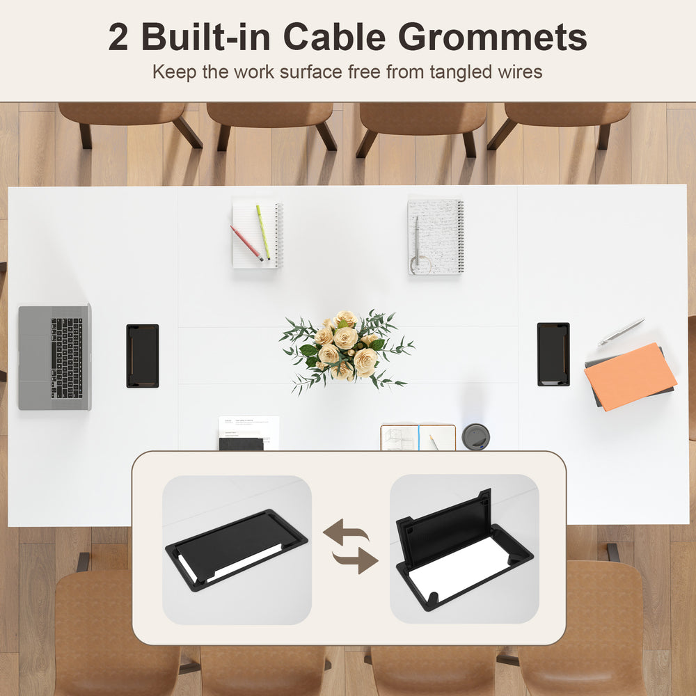 Large white conference room table with 2 built-in cable grommets for a tidy workspace, seating up to 10 people.