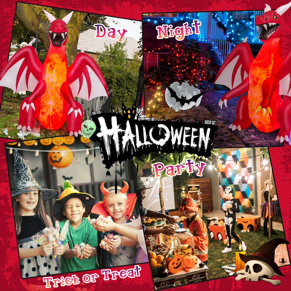 8-foot Halloween inflatable red dragon with wings and skull, featuring bright LED lights for day and night party decor.