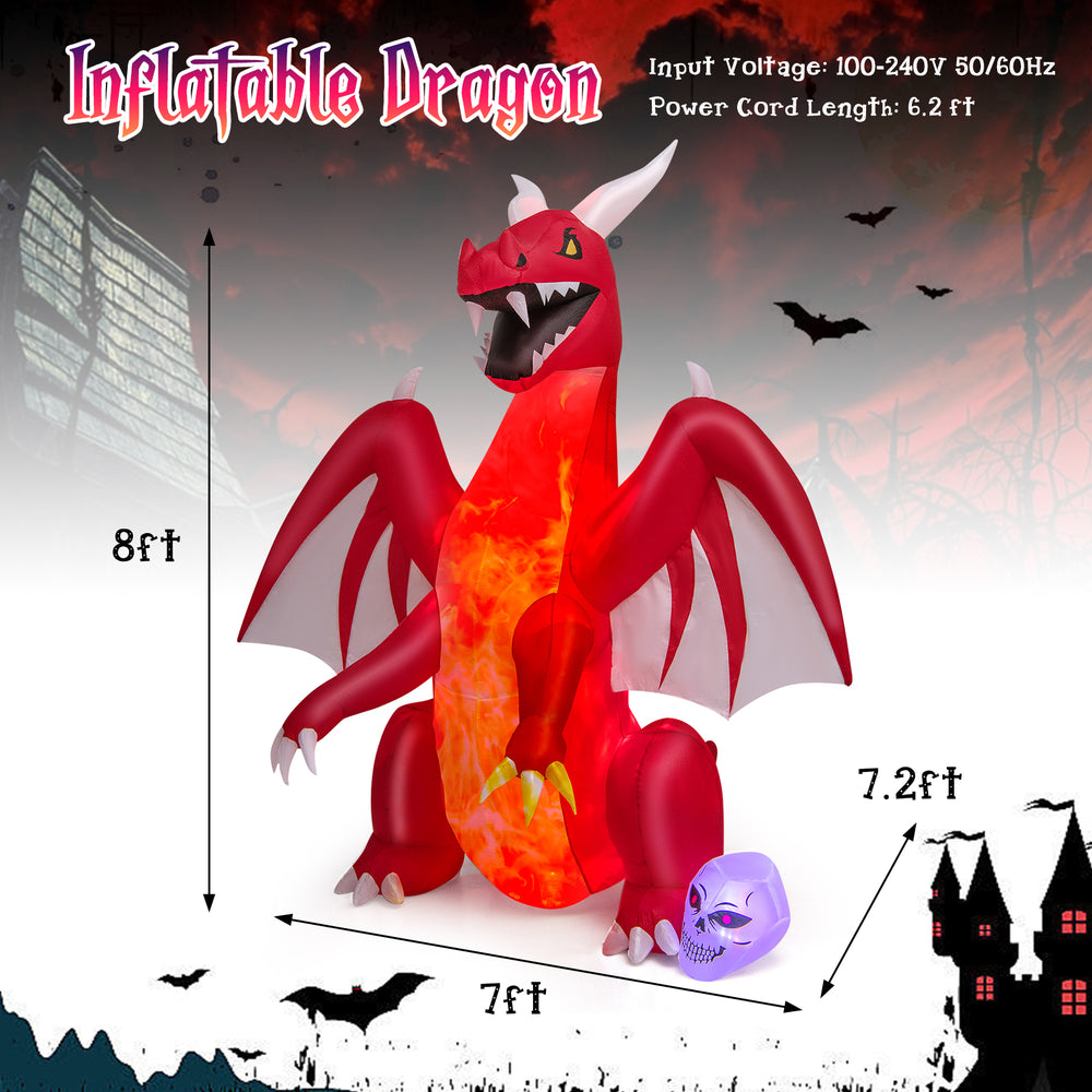 8-foot inflatable red dragon with wings and skull, featuring bright LED lights for Halloween party decorations.