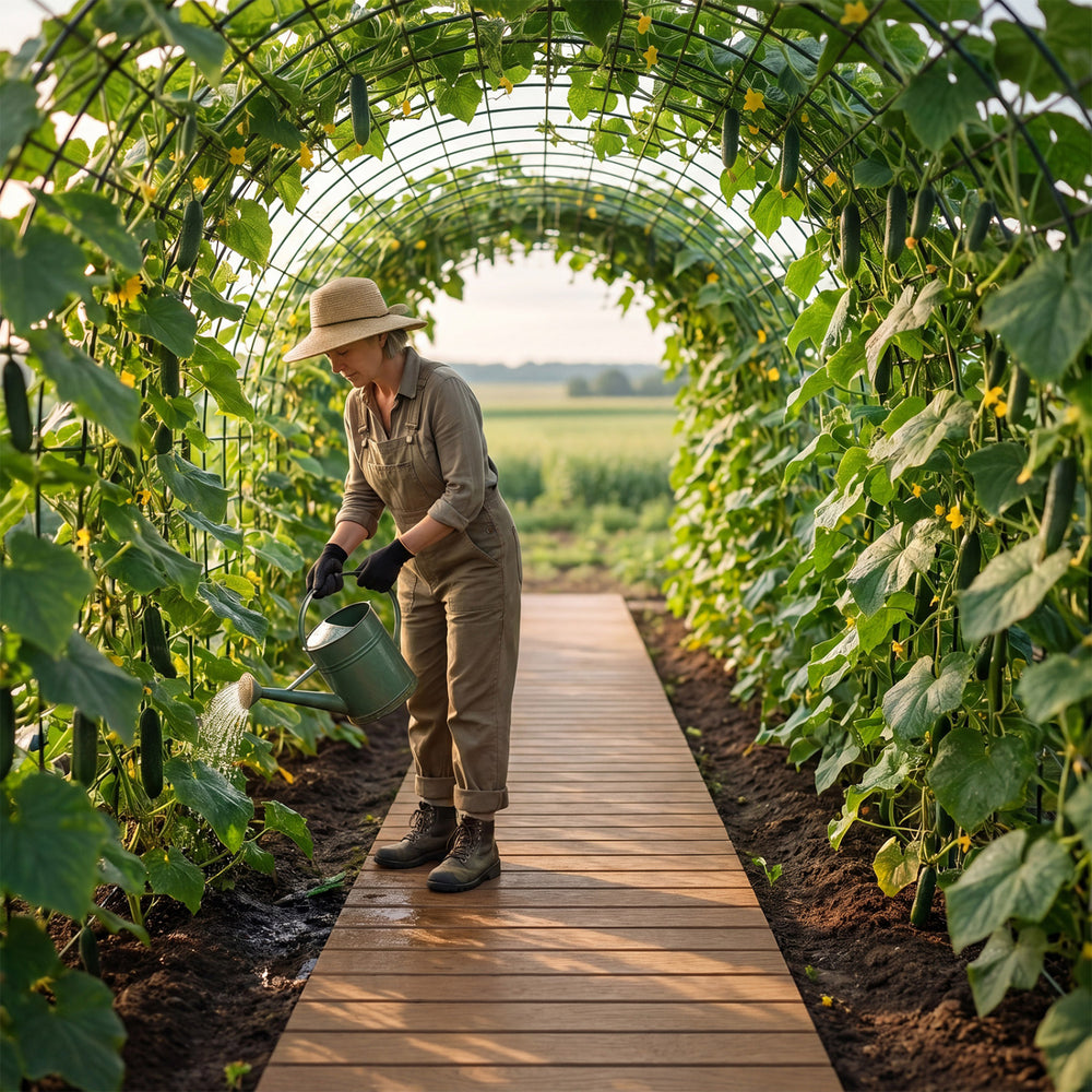 A gardener waters plants along an 8-foot brown outdoor pathway boardwalk in a lush cucumber archway.