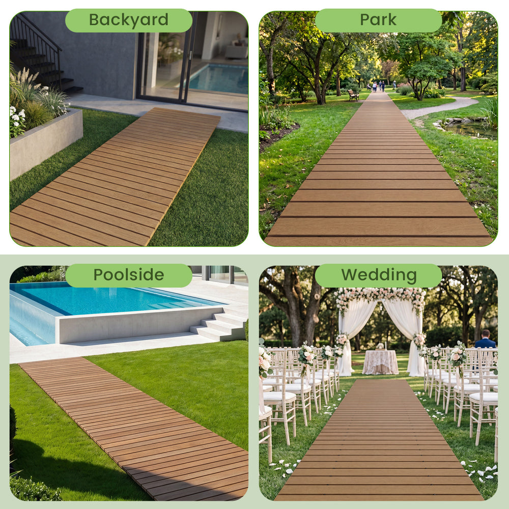 Brown 8 feet outdoor pathway boardwalk shown in backyard, park, poolside, and wedding settings for versatile use.