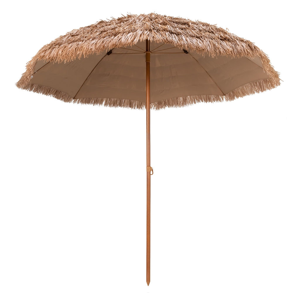 Thatched 8-foot tiki umbrella with durable polyester canopy and metal frame, perfect for beach events and outdoor.
