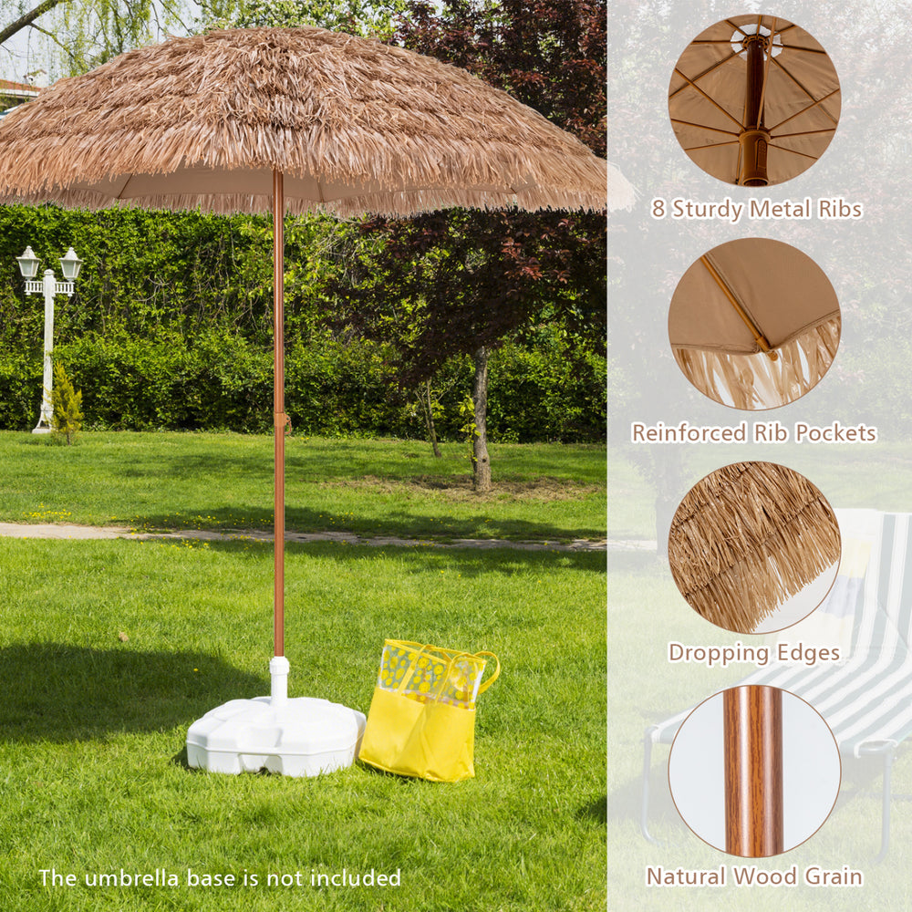 8-foot Hawaiian hula beach umbrella with thatched canopy, sturdy metal ribs, ideal for outdoor shading and relaxation.