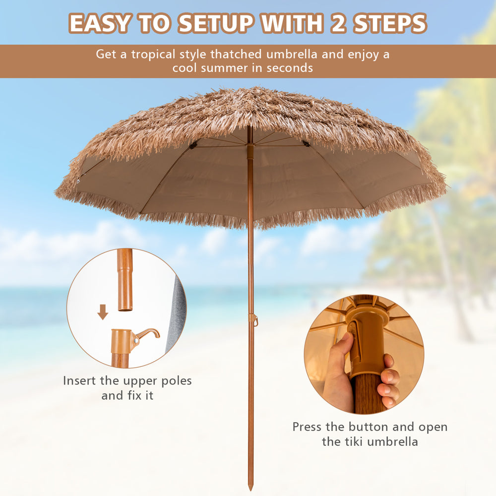 8-foot patio thatched tiki umbrella with durable polyester canopy, easy 2-step setup for tropical outdoor shading.