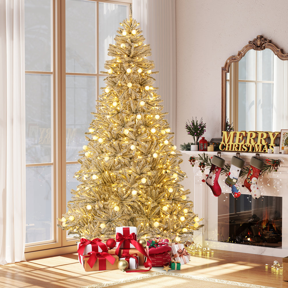 8 Feet Snow-flocked Artificial Christmas Tree Pre-lit Hinged with 81 Sphere Lights and Remote - Gallery View 1 of 10