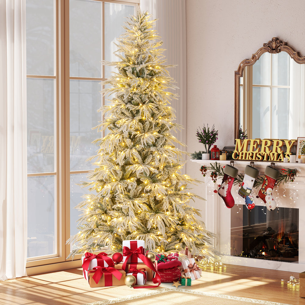 8 Feet Snow-flocked Artificial Christmas Tree Pre-lit Hinged Xmas Tree with Warm White LED Lights - Gallery View 1 of 10