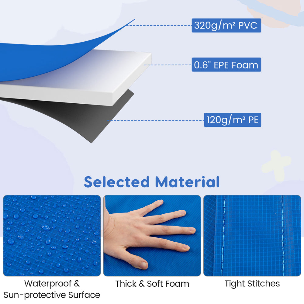 Blue trampoline pad replacement showing waterproof PVC, thick EPE foam, and tight stitches for safety and durability.