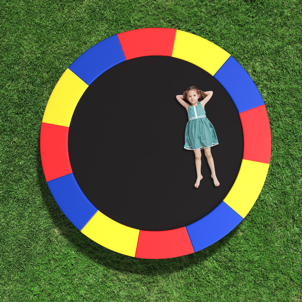 Multicolor 8 feet trampoline safety pad with thick EPE foam for edge-to-edge protection and secure elastic straps.