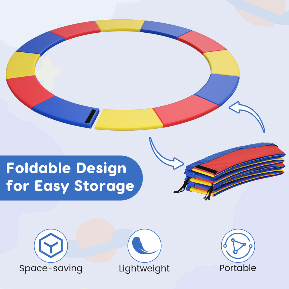 Multicolor foldable trampoline pad replacement with fixing straps, featuring anti-tear surface and space-saving design.