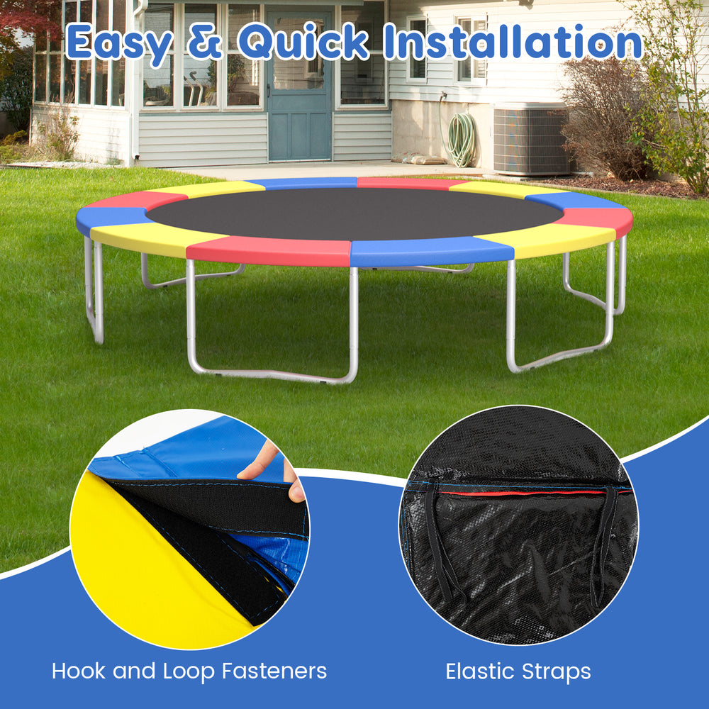Multicolor 8 feet trampoline safety pad with elastic straps and hook and loop fasteners for secure installation.
