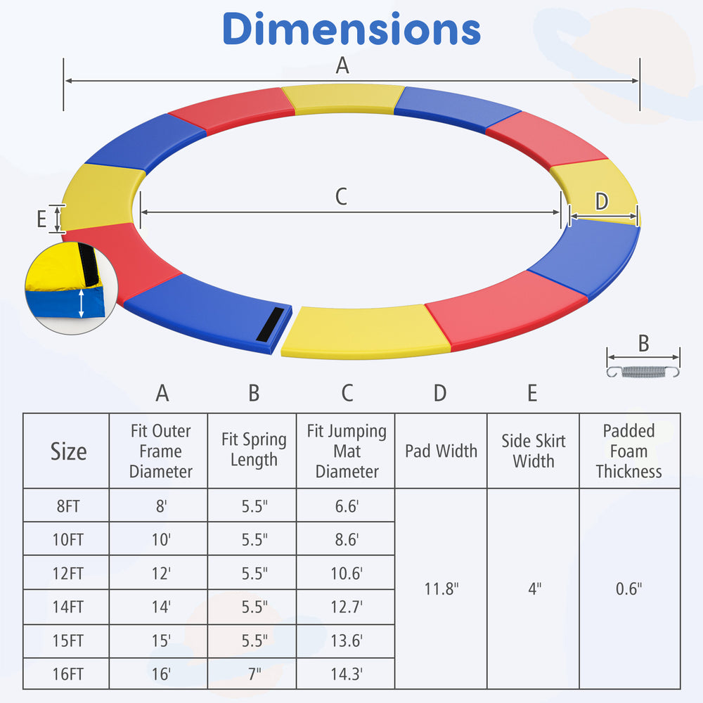 8 feet multicolor trampoline pad replacement with fixing straps, featuring thick EPE foam for safety and comfort.