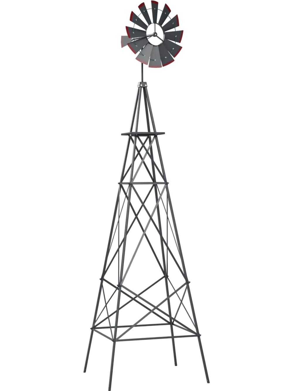 8-foot gray metal ornamental windmill with weathervane, durable and weather-resistant for gardens and farms.