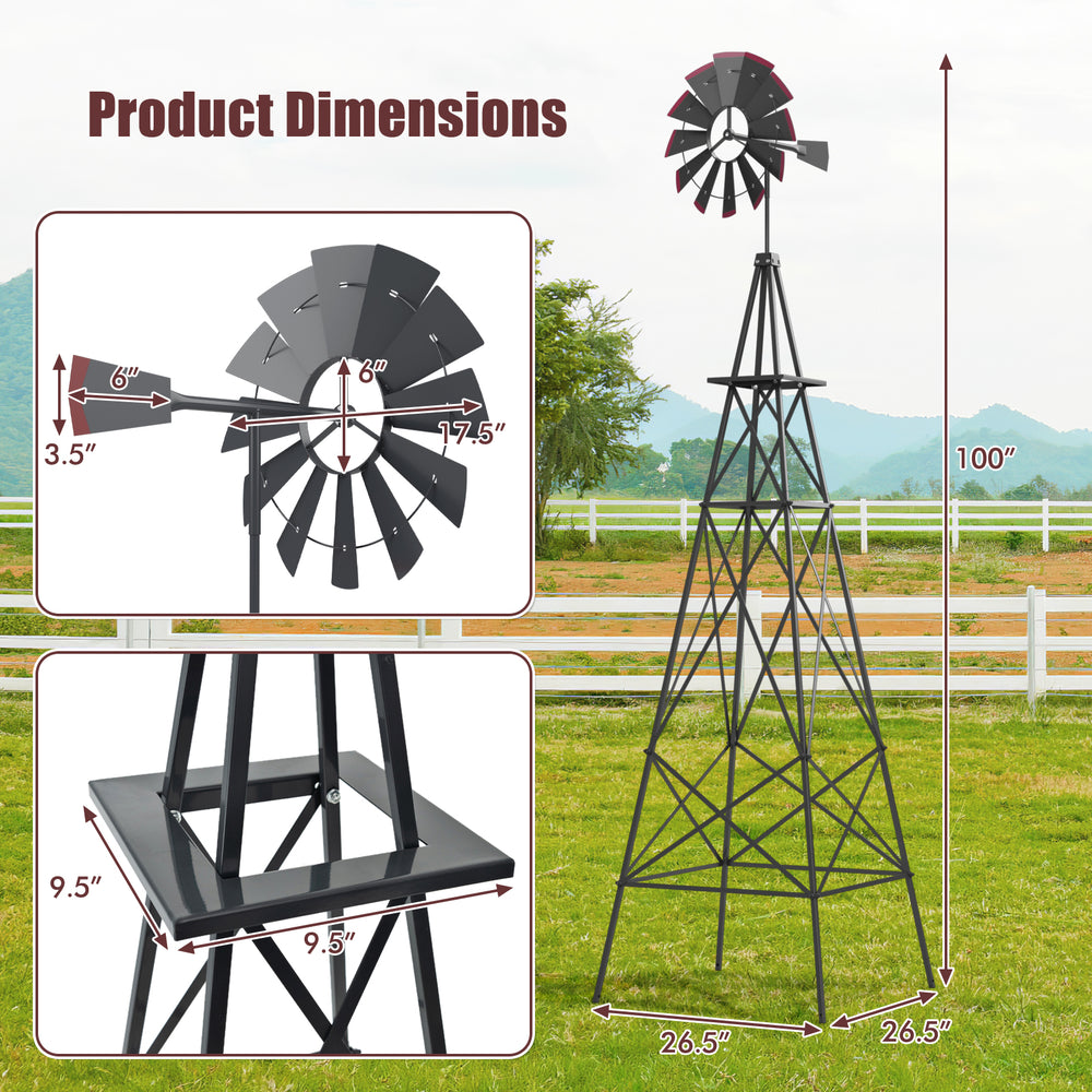 8-foot gray metal ornamental windmill with weather-resistant design and weathervane for outdoor gardens and farms.