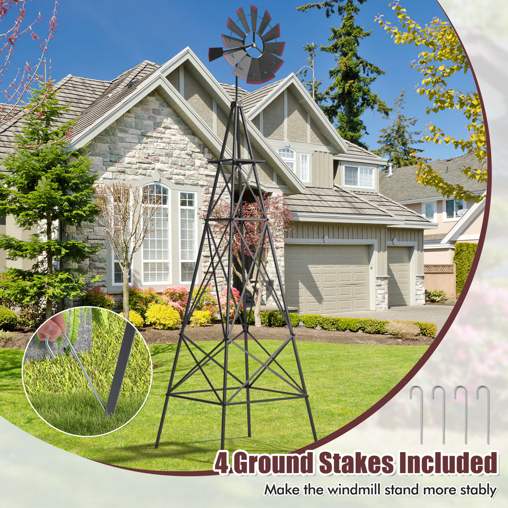 8-foot gray metal windmill with weather-resistant design and weathervane, ideal for gardens and outdoor spaces.