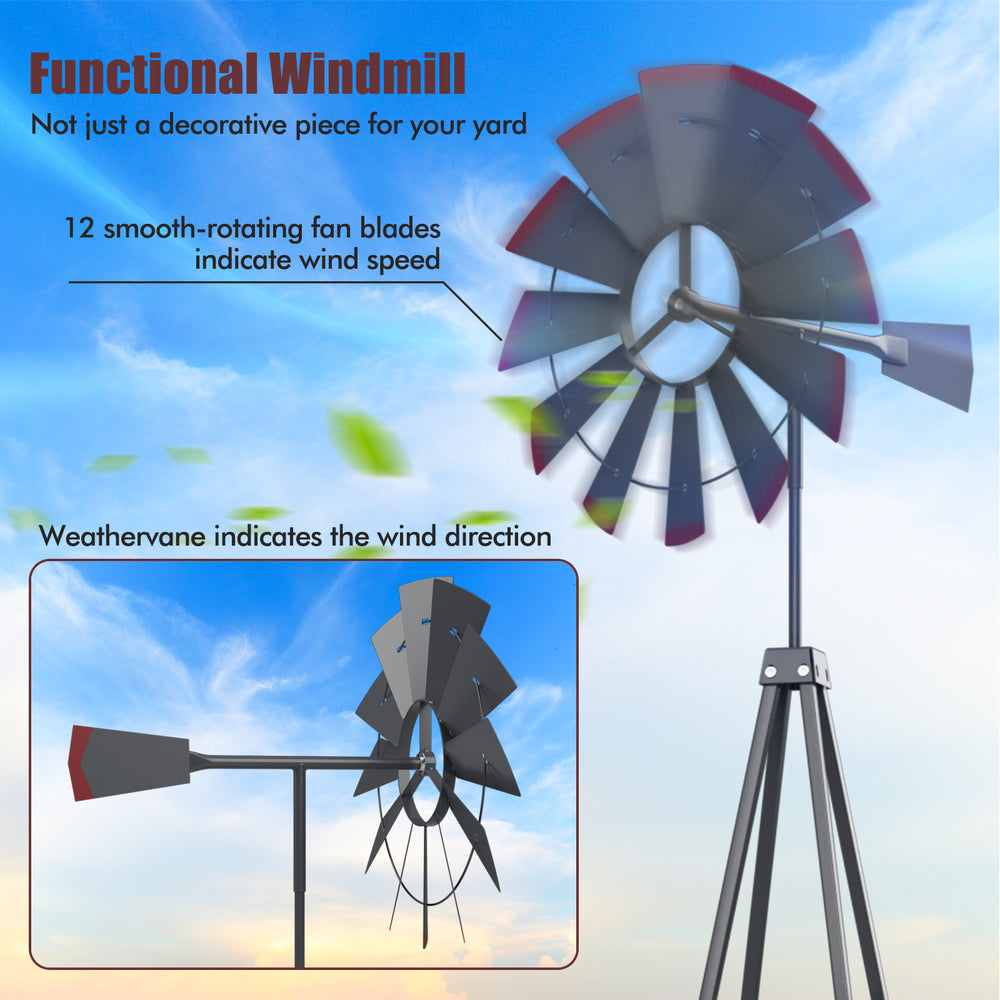 8-foot gray metal windmill with 12 rotating blades and weathervane, ideal for gardens and outdoor spaces.